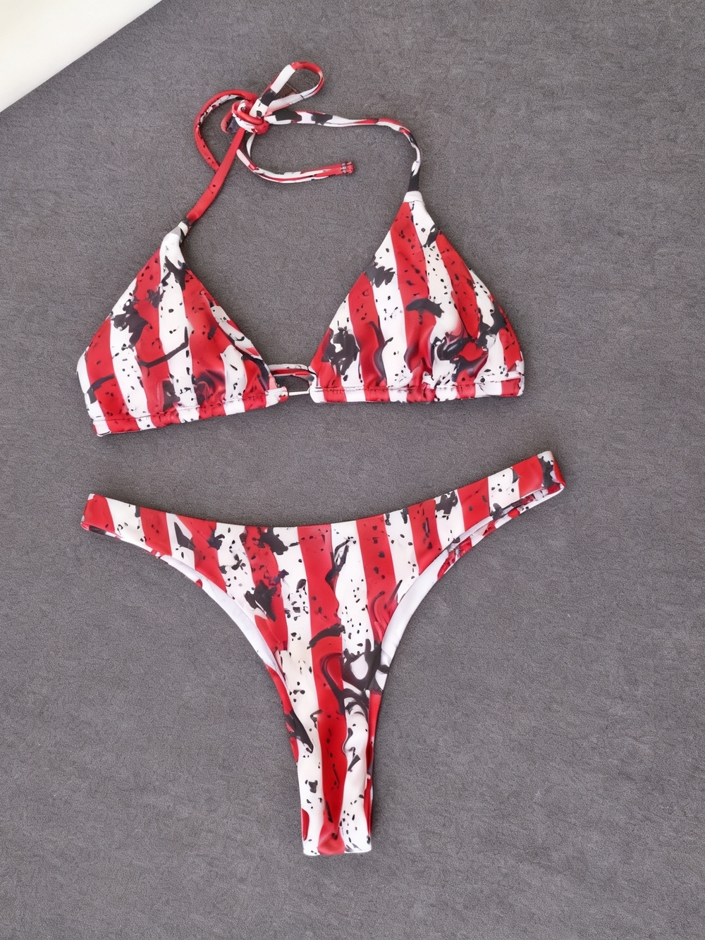 Red & White Striped Triangle Bikini Set - Women Swim